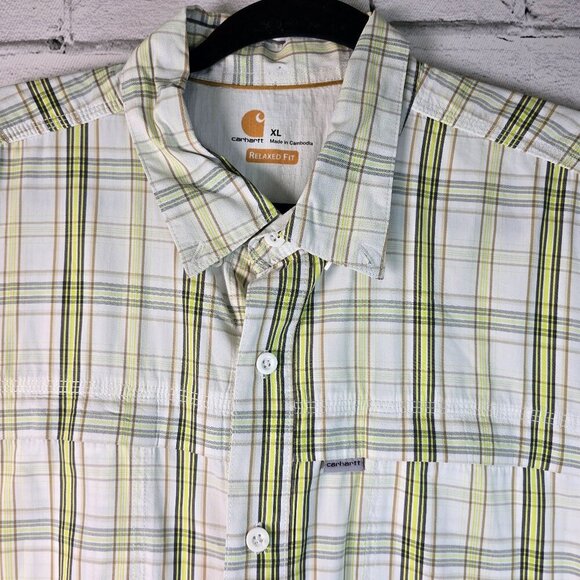 CARHARTT FORCE RELAXED FIT SHORT SLEEVE BUTTON DOWN SIZE XL WHITE GREEN YELLOW - Picture 2 of 8